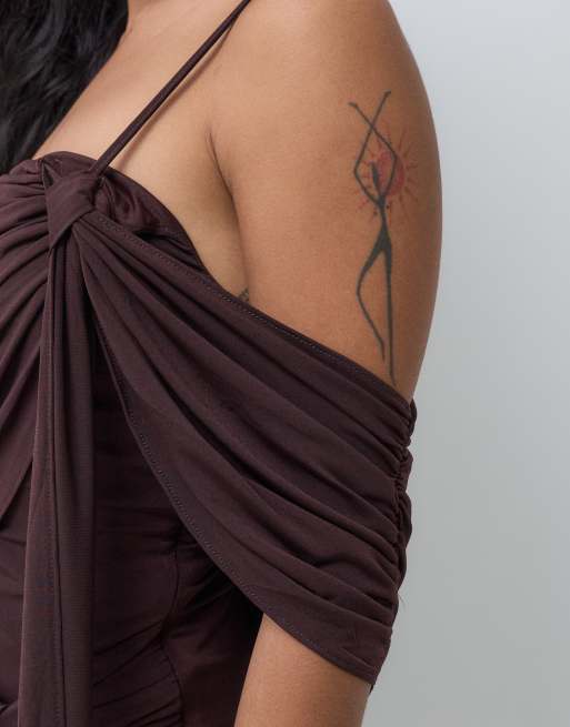 TFNC Petite slinky drape off shoulder knot drape detail maxi dress in ...