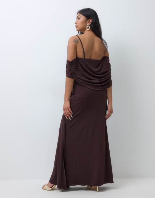 TFNC Petite slinky drape off shoulder knot drape detail maxi dress in ...