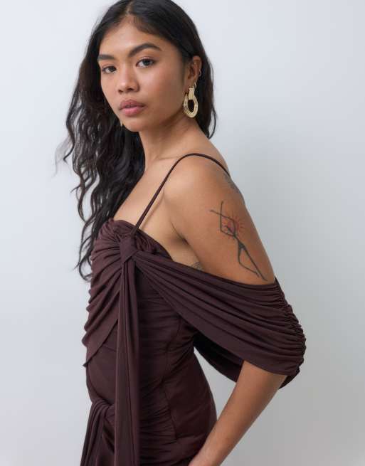 TFNC Petite slinky drape off shoulder knot drape detail maxi dress in ...