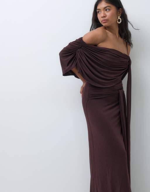 TFNC Petite slinky drape off shoulder knot drape detail maxi dress in ...