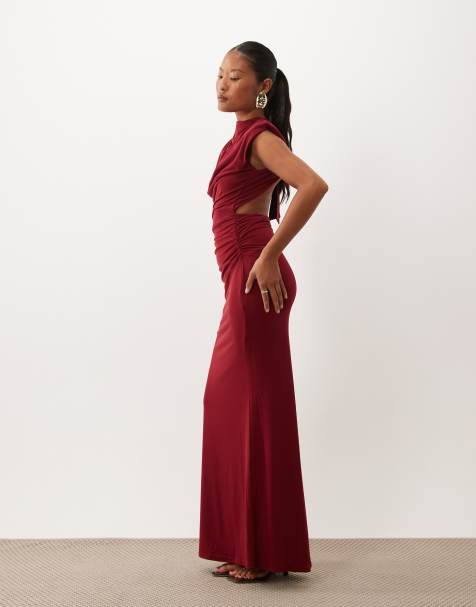 TFNC Petite slinky draped high neck shoulder pad open back maxi dress in burgundy - view 1