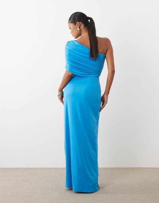 TFNC Petite slinky draped one shoulder maxi dress in bright blue, 3 of 4