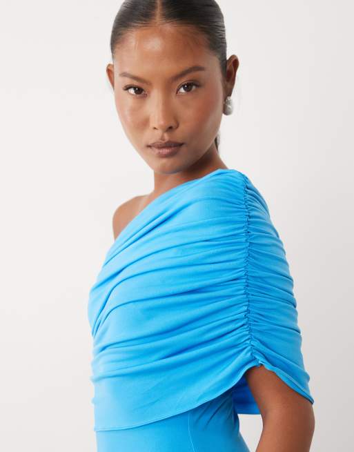 TFNC Petite slinky draped one shoulder maxi dress in bright blue, 4 of 4