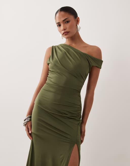 TFNC Petite slinky fallen shoulder thigh split maxi dress in olive, 2 of 4