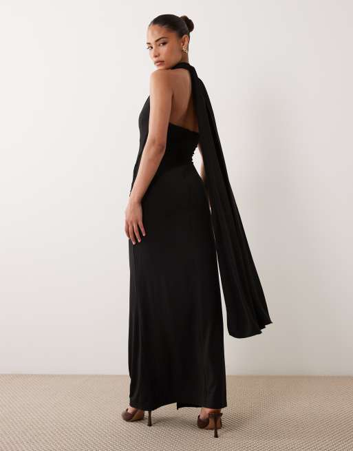 TFNC Petite slinky halter neck plunge maxi dress in black, 2 of 4