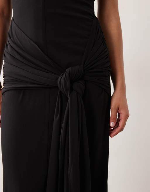 TFNC Petite slinky halter neck plunge maxi dress in black, 4 of 4