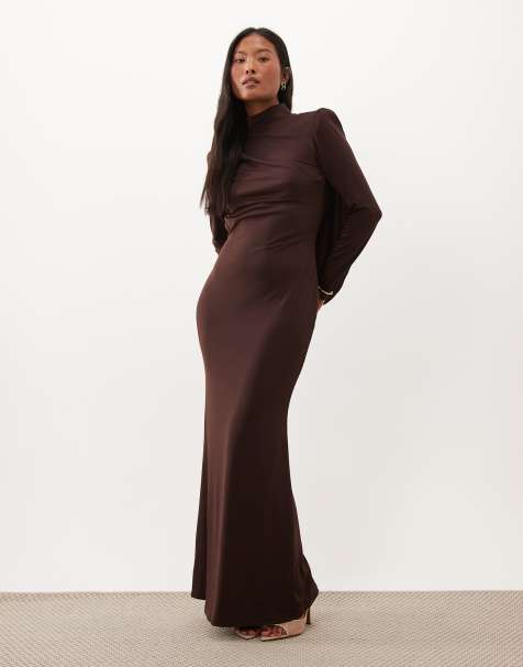 TFNC Petite  slinky high neck drape back maxi dress in chocolate - view 1