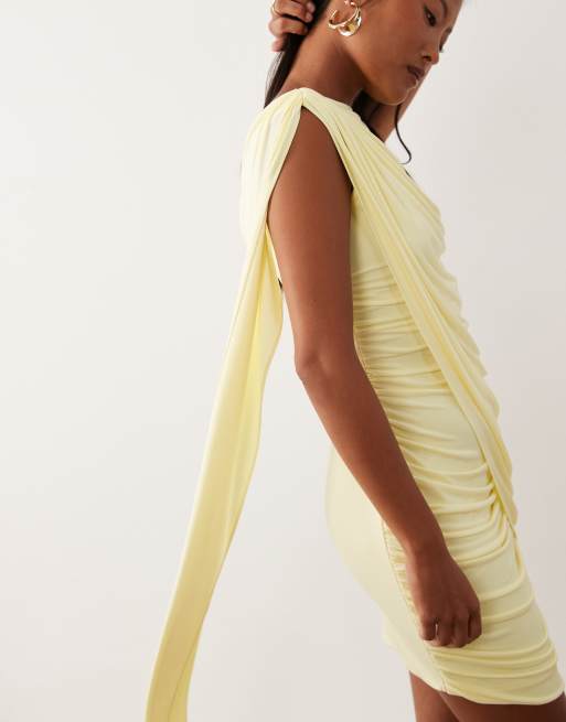 TFNC Petite slinky high neck draped detail mini dress in lemon, 3 of 4