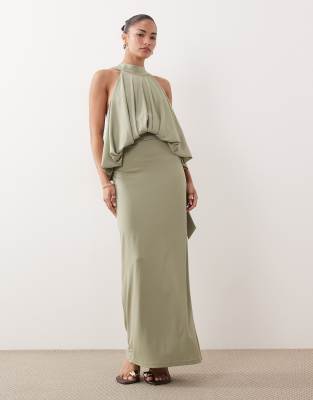 Tfnc Petite Slinky High Neck Halter Detail Backless Maxi Dress In Green
