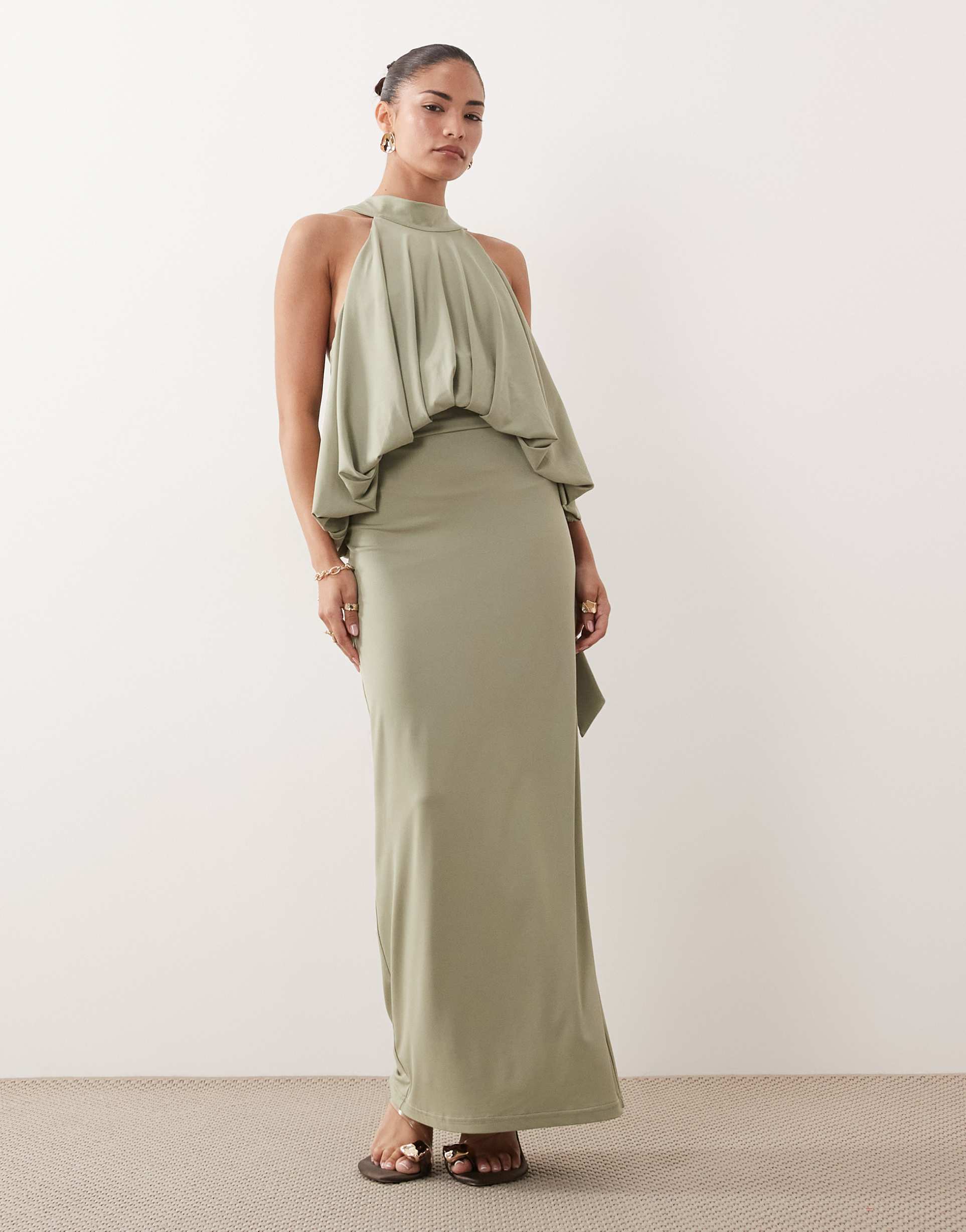 tfnc petite slinky high neck halter detail backless maxi dress in olive