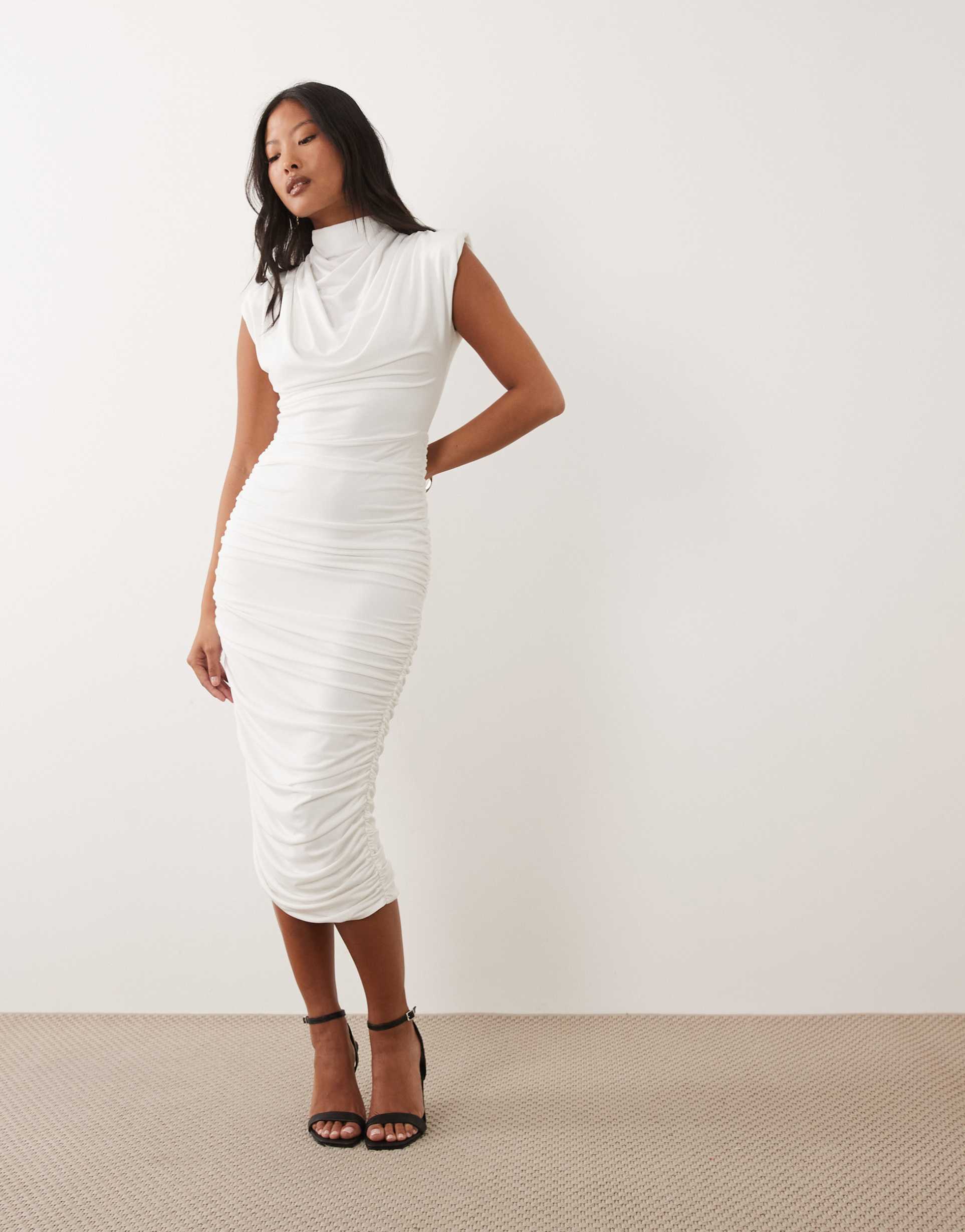 tfnc petite slinky high neck shoulder pad drape detail midi dress in cream