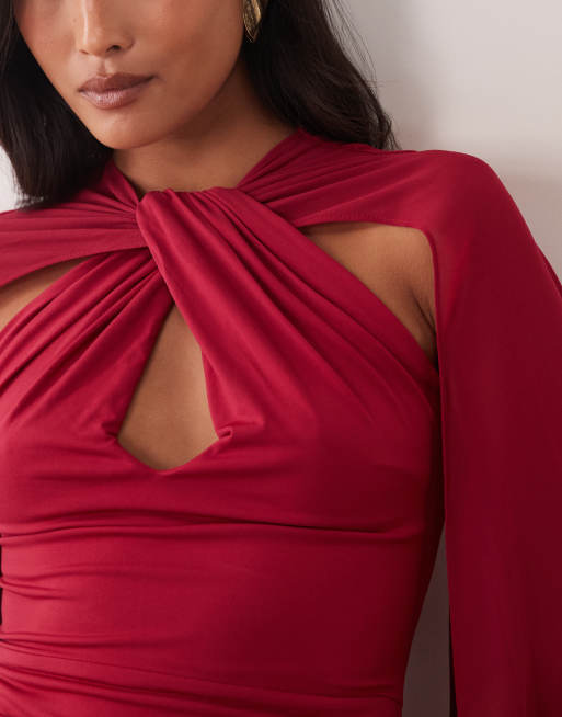 TFNC Petite slinky keyhole drape detail cape sleeve maxi dress in dark pink, 2 of 4