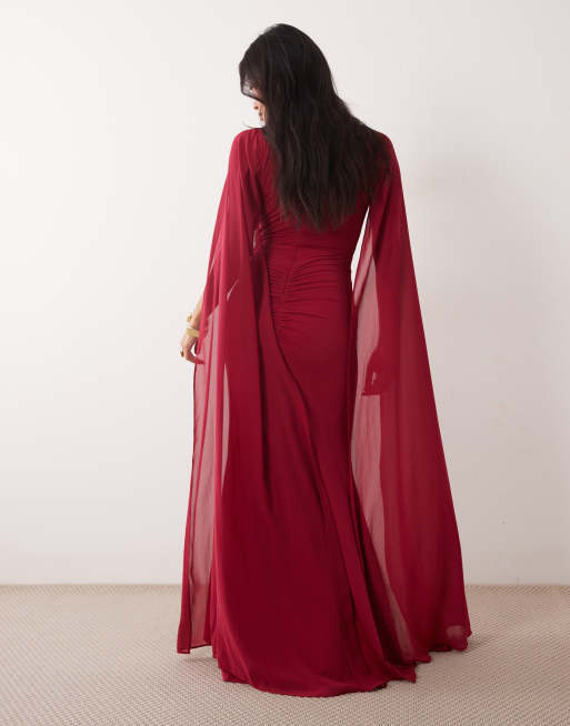 TFNC Petite slinky keyhole drape detail cape sleeve maxi dress in dark pink, 3 of 4