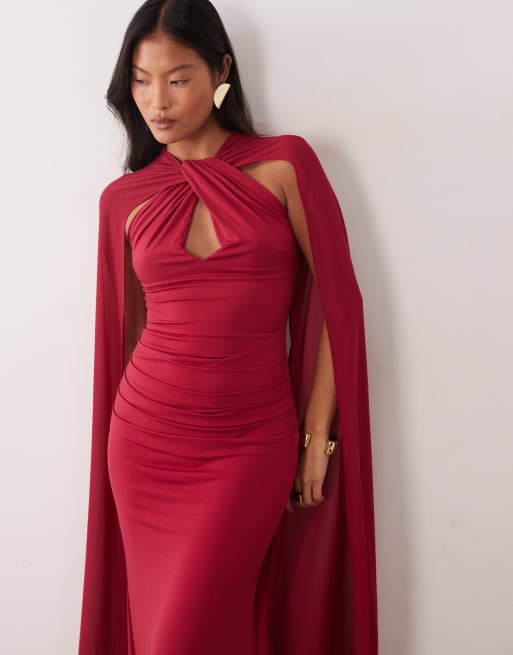 TFNC Petite slinky keyhole drape detail cape sleeve maxi dress in dark pink, 4 of 4
