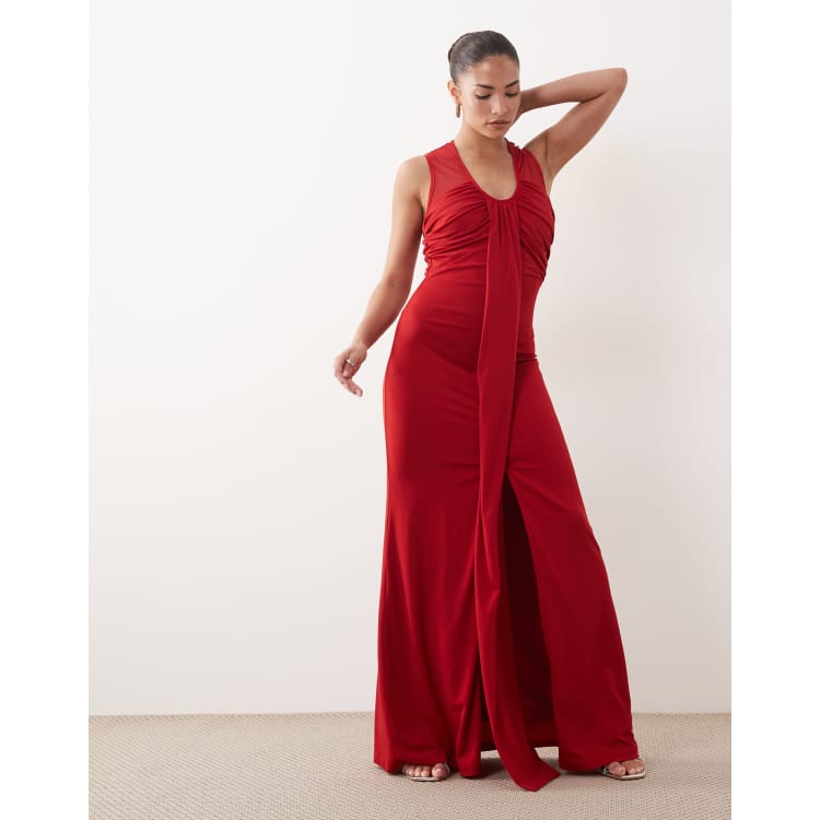 shape red slinky wrap detail maxi dress Red Double Layer Slinky Drape Maxi Dress