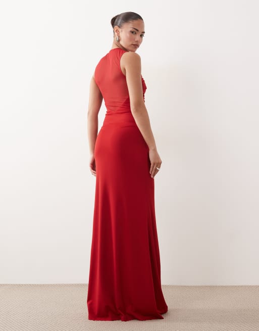 red slinky ruched dress Vintage Slinky Ruched Red Bodycon Midi Dress (XS)