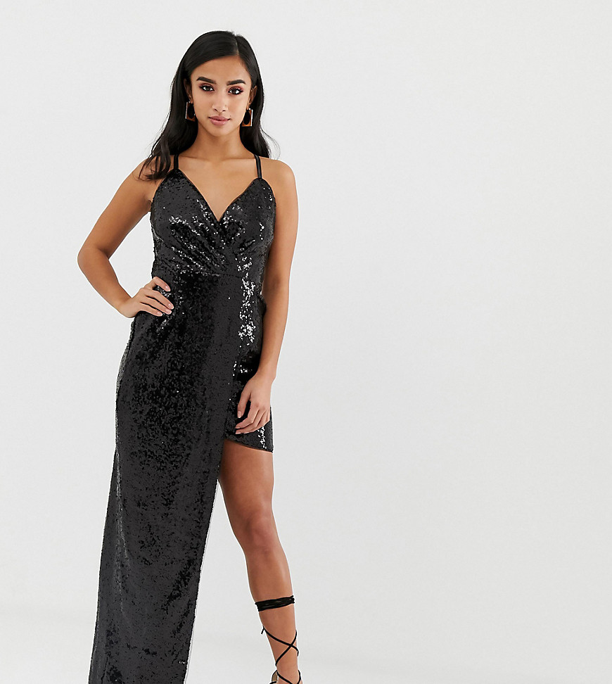 TFNC - Petite - Supermini-jurk met lovertjes en asymmetrische zoom in zwart