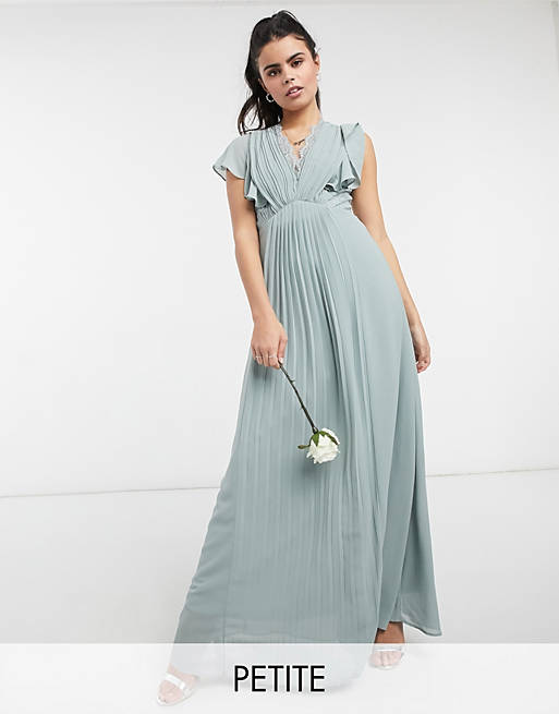 TFNC Petite – Szałwiowa sukienka koktajlowa maxi z koronkową wstawką i powiewnymi rękawami