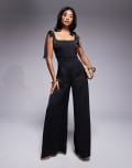 [TFNC Petite] TFNC Petite tie shoulder satin wide leg jumpsuit in black 8 BLACK