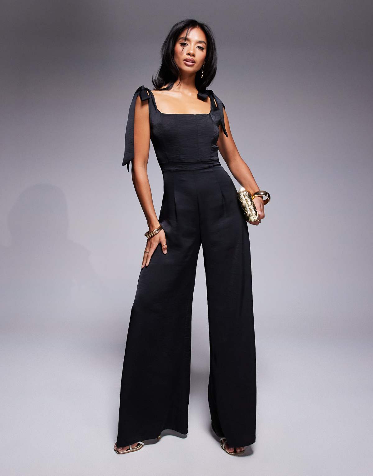 TFNC Petite tie shoulder satin wide leg jumpsuit in black