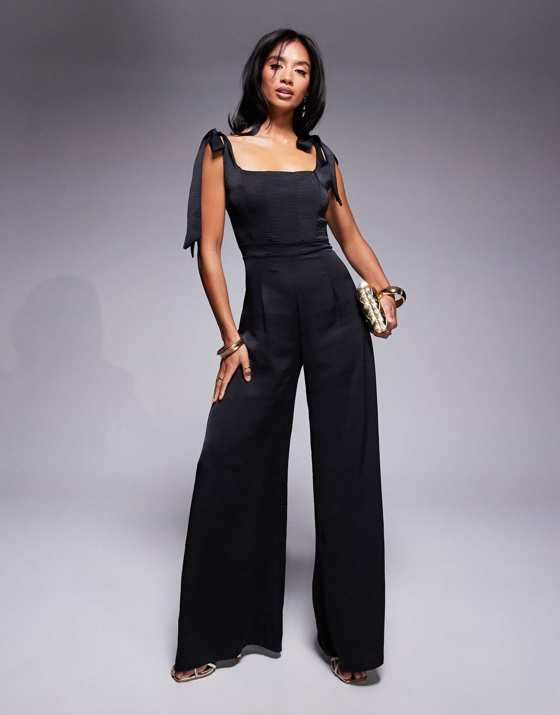 tfnc petite tie shoulders satin wide leg jumpsuit in black