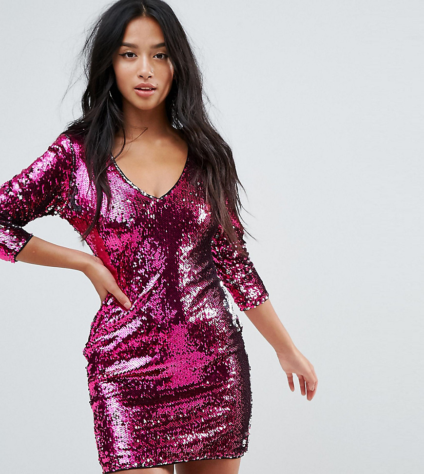 TFNC Petite Two Tone Sequin Mini Dress With Plunge Back-Pink