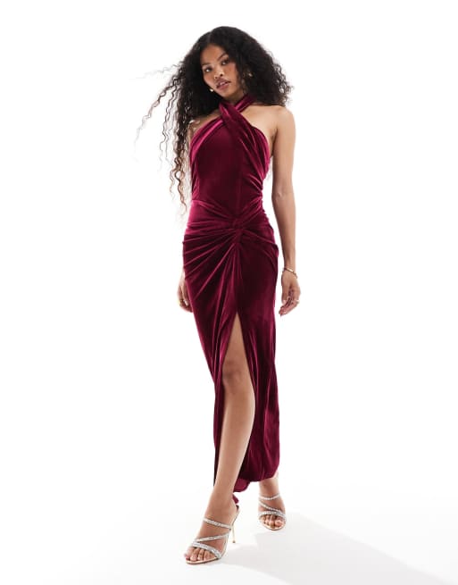 TFNC Petite velvet halter neck maxi dress with thigh slit in burgundy