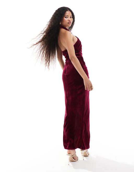 TFNC Petite velvet halter neck maxi dress with thigh slit in burgundy