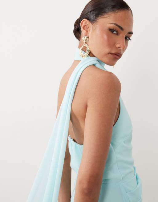 TFNC Petite - Vestido largo azul pastel asimétrico con fular al cuello de chifón, 2 de 4
