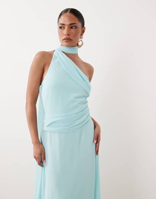 TFNC Petite - Vestido largo azul pastel asimétrico con fular al cuello de chifón, 4 de 4