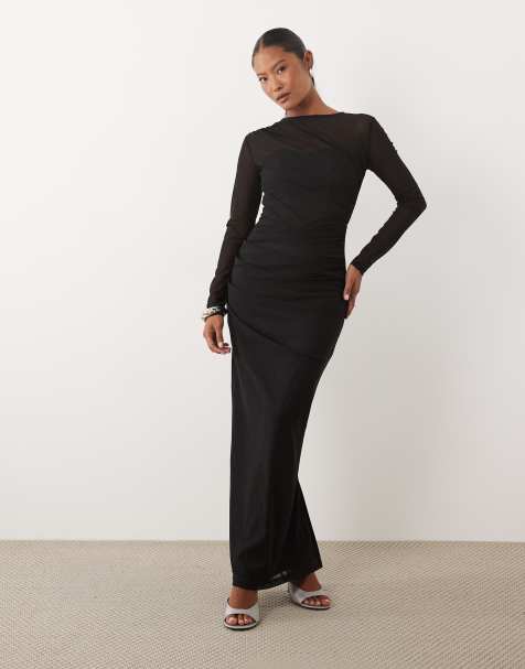 TFNC Petite - vestido maxi de manga larga en malla y jersey transparente en negro - view 1