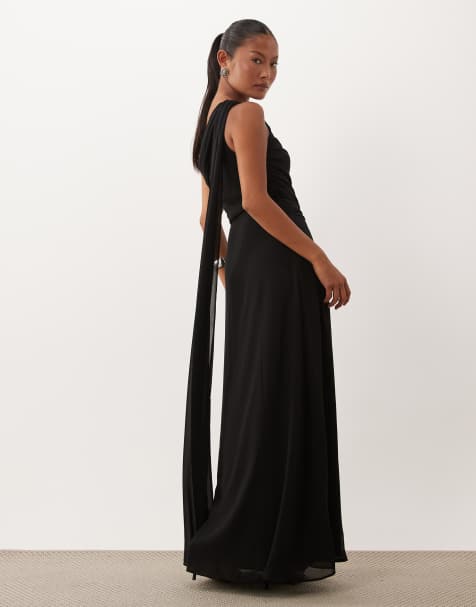 TFNC Petite - Vestido maxi drapeado negro de gasa con un hombro y cintura retorcida - view 1