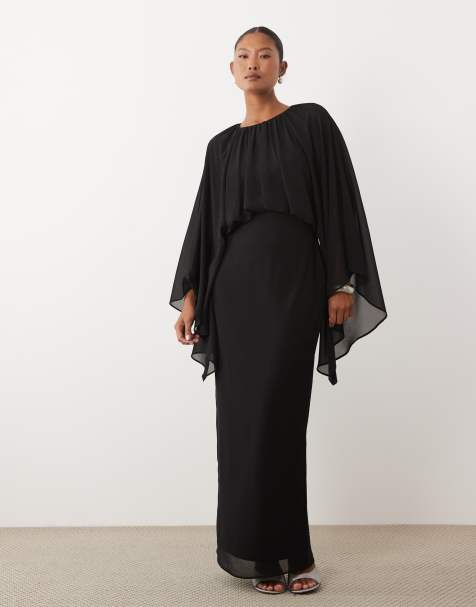 TFNC Petite - Vestito lungo a maniche lunghe nero in chiffon con dettaglio a mantella - view 1