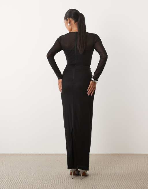 TFNC Petite - Vestito lungo a maniche lunghe nero in jersey trasparente, 4 di 4