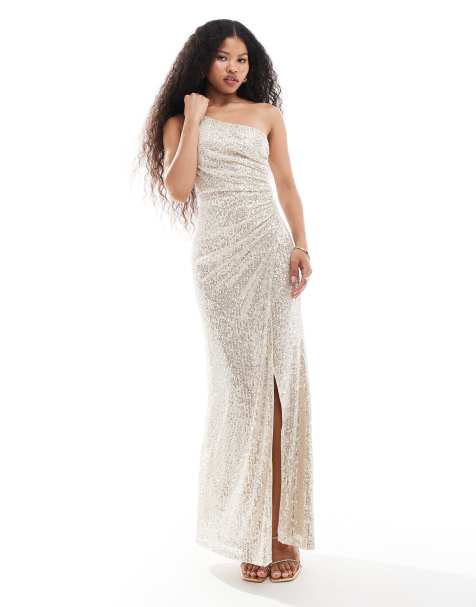 TFNC Petite - Vestito lungo color argento monospalla con paillettes - view 1