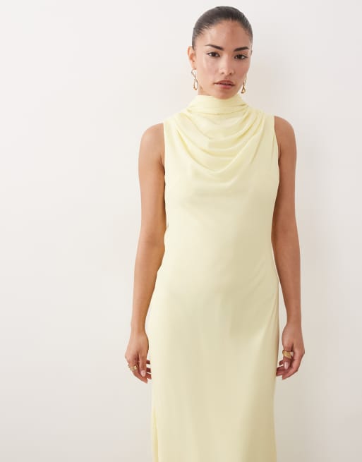 TFNC Petite - Vestito lungo da cerimonia accollato in chiffon giallo con laccetti, 3 di 4