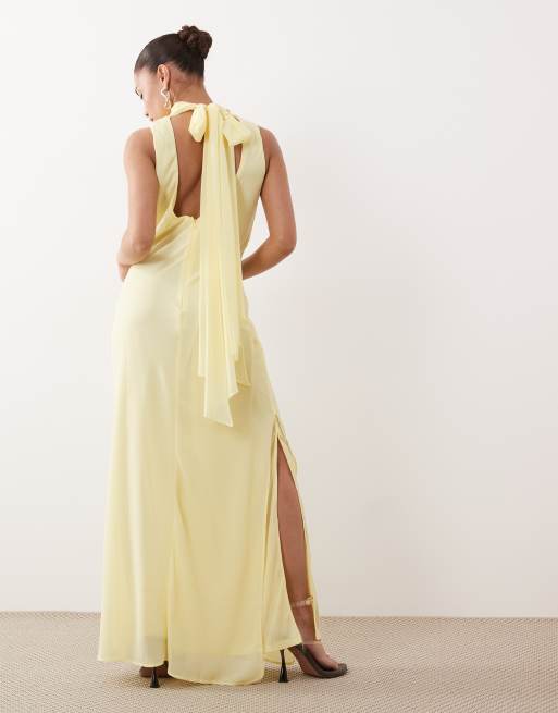 TFNC Petite - Vestito lungo da cerimonia accollato in chiffon giallo con laccetti, 4 di 4