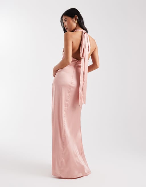 TFNC Petite - Vestito lungo da cerimonia allacciato al collo con gonna avvolgente in raso rosa, 3 di 4