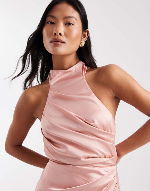 TFNC Petite - Vestito lungo da cerimonia allacciato al collo con gonna avvolgente in raso rosa, 4 di 4