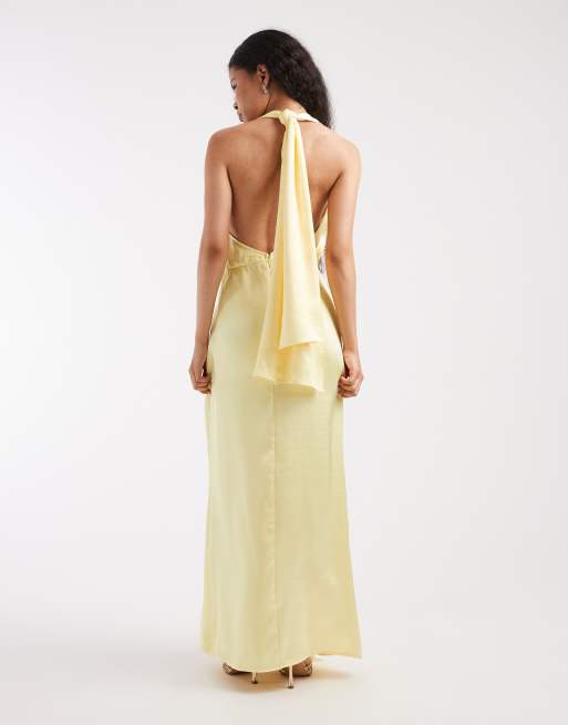 TFNC Petite - Vestito lungo da cerimonia in raso color limone allacciato al collo con scollo profondo e nappe, 4 di 4