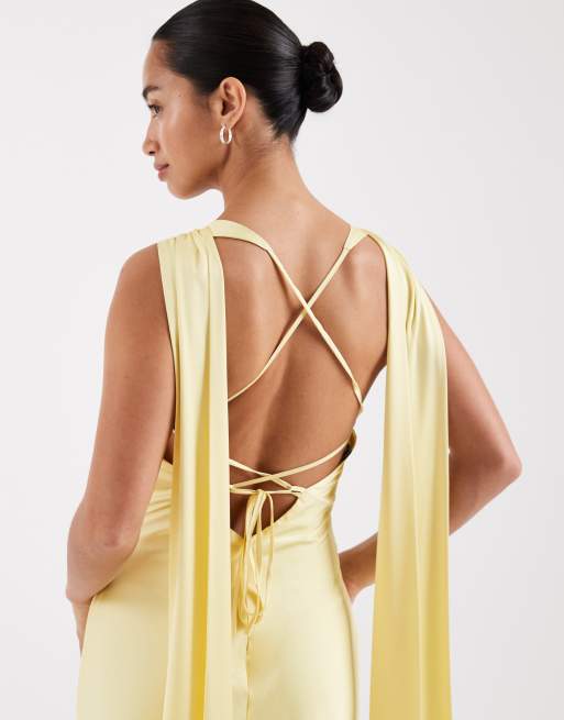 TFNC Petite - Vestito lungo da cerimonia in raso giallo con scollo a V e laccetti sul retro, 2 di 4
