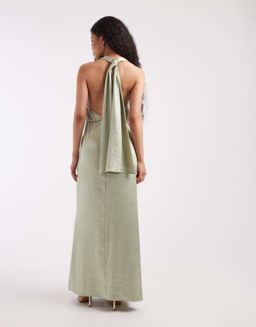 TFNC Petite - Vestito lungo da cerimonia in raso verde salvia allacciato al collo con scollo profondo e nappe, 2 di 4