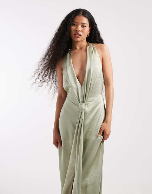 TFNC Petite - Vestito lungo da cerimonia in raso verde salvia allacciato al collo con scollo profondo e nappe, 4 di 4