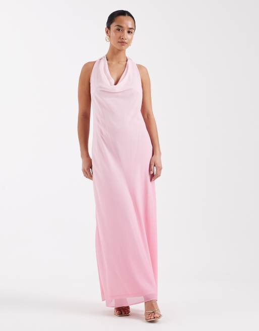 TFNC Petite - Vestito lungo da damigella allacciato al collo in chiffon rosa sfumato, 4 di 4