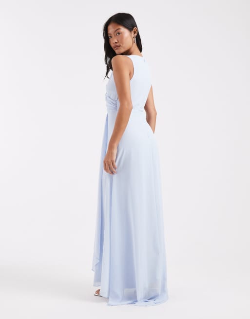TFNC Petite - Vestito lungo da damigella in chiffon blu drappeggiato con top avvolgente, 2 di 4