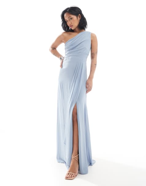 TFNC Petite - Vestito lungo da damigella in chiffon blu polvere con gonna a portafoglio - view 1
