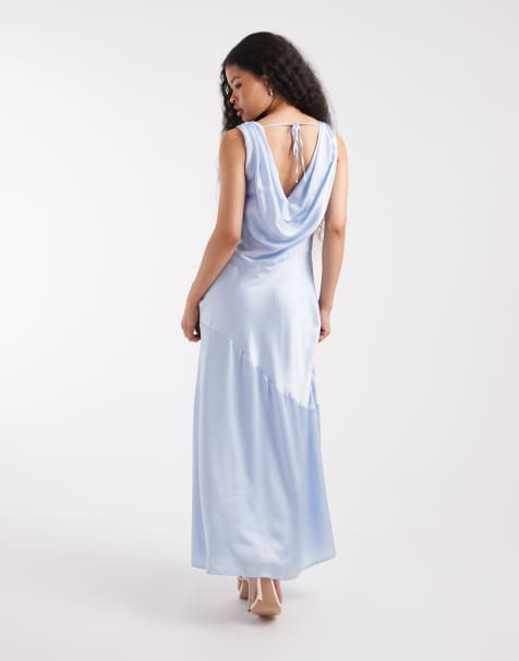 TFNC Petite - Vestito lungo da damigella in raso azzurro con scollo ad anello sul davanti e sul retro - view 1