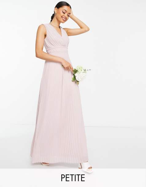 TFNC Petite - Vestito lungo da damigella rosa visone con fascia in vita a pieghe - view 1