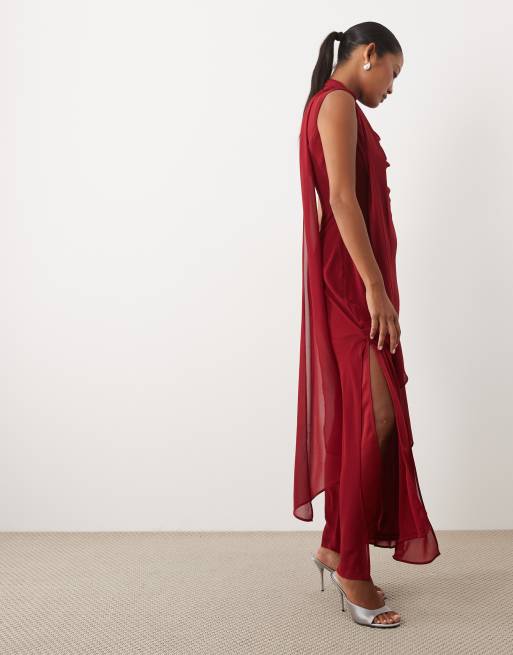 TFNC Petite - Vestito lungo in chiffon bordeaux con scollo alto e foulard, 2 di 4