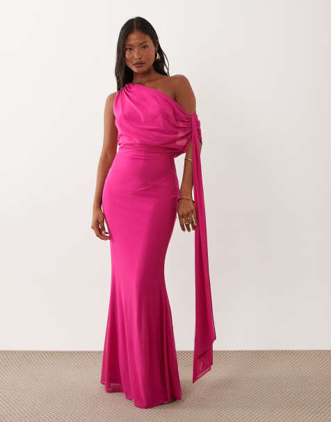 TFNC Petite - Vestito lungo monospalla drappeggiato in rete rosa con laccetti - view 1